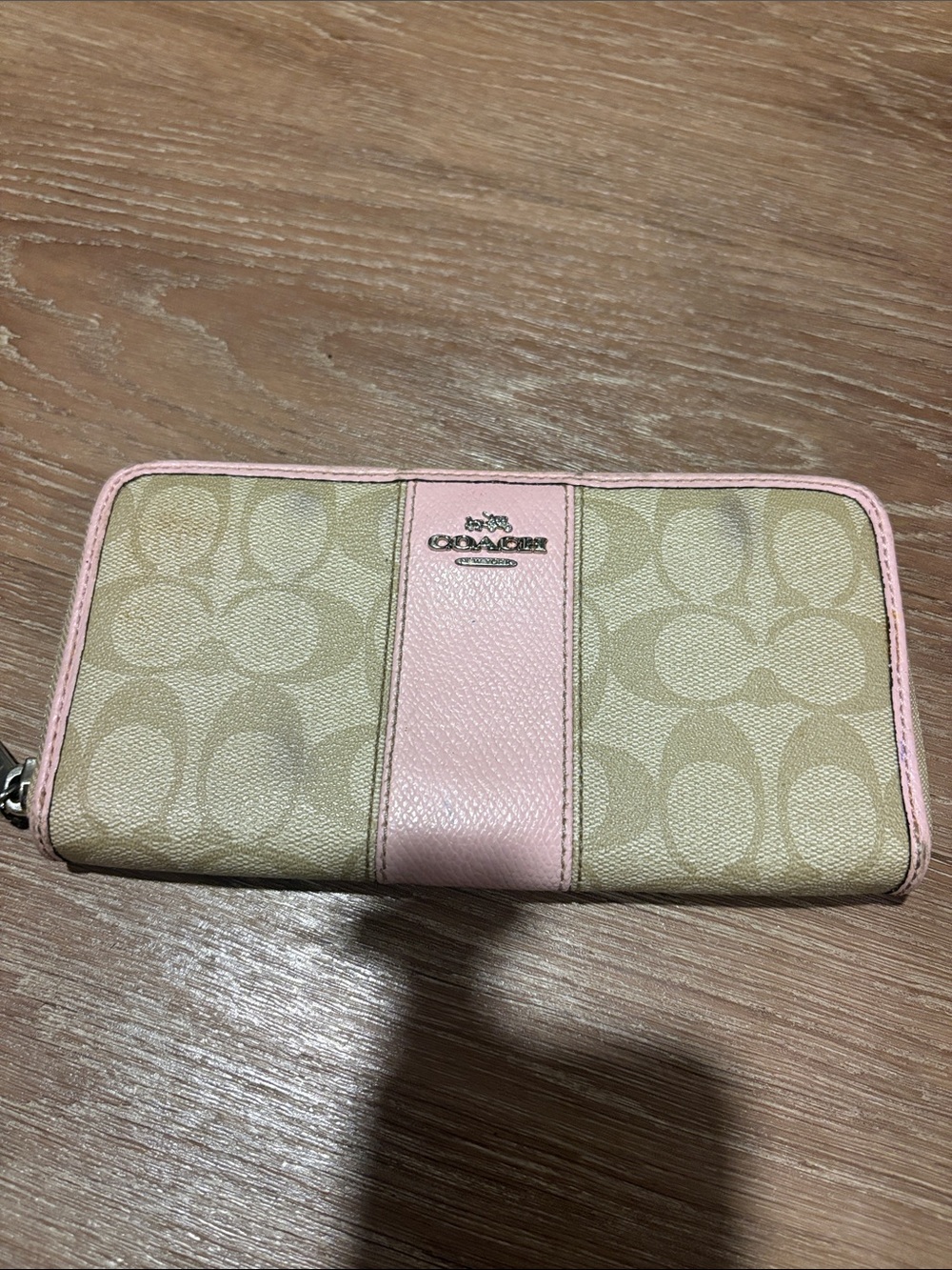 Coach Beige Signature Zip Wallet with Pink Trim